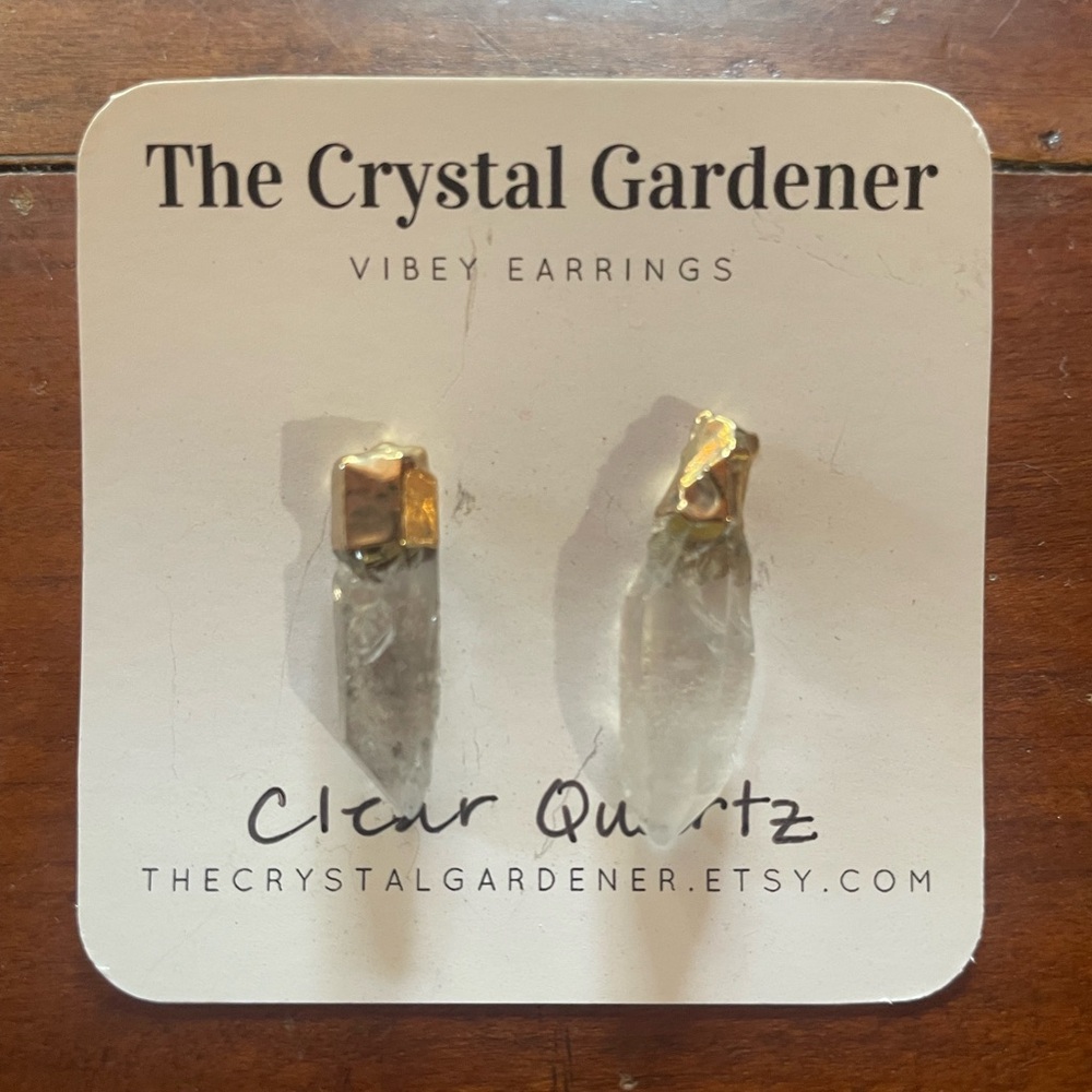 Clear Quartz Stud Earrings, Gold Plated over Copper Electroform, New